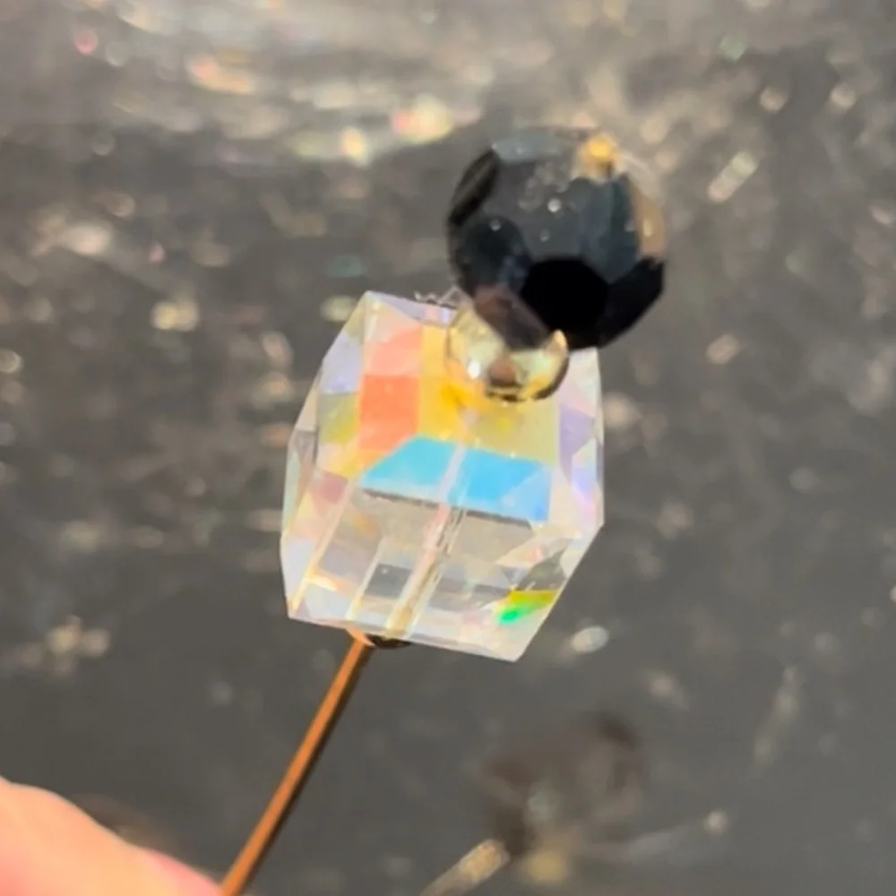 Vintage Iridescent Faceted Crystal Stick Pin Hat Pin Gold Tone 4” Black Bead